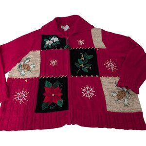 Cable Knit Christmas Sweater Womens Size 26/28 Red Poinsettia Beaded Sequins